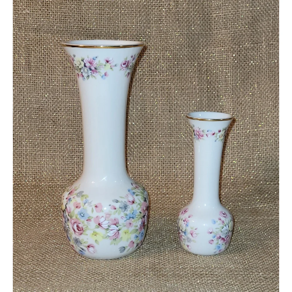 Vintage Ceramica Ibis Aveiro Portugal Floral Porcelain Vase Set Gold Rim 7¾